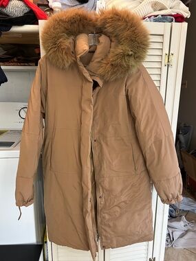 Regency down Puffer winter waterproof feather Coat with Fur-Trim Hood tan